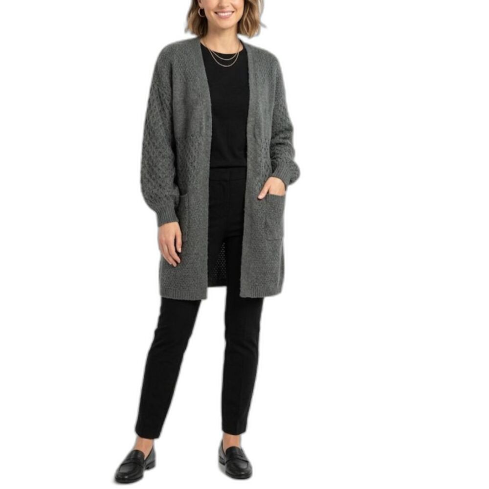 Topshop Nordstrom Women's Gray Knit Open-Front Long Cardigan Sweater Size 10